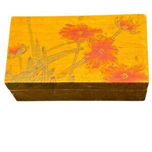 Vintage Chinese Hand-Painted Trinket Box Yellow with Red Flowers